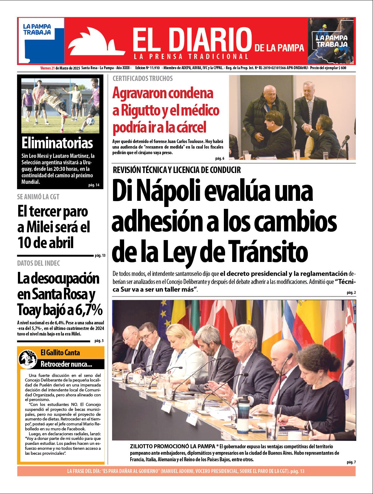 Tapa de El Diario en papel  viernes 21 de marzo de 2025